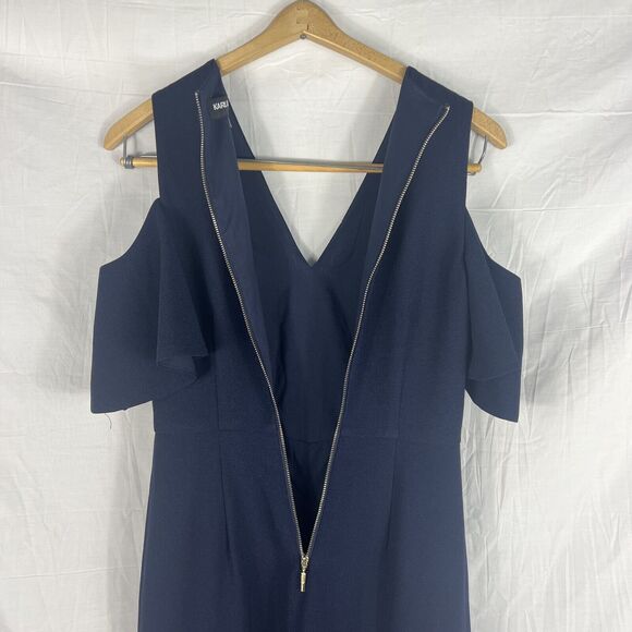 Karl Lagerfeld Navy Blue Wide Leg Sleeveless Jumpsuit Sz 0 Cold Shoulder V Neck - Picture 9 of 10